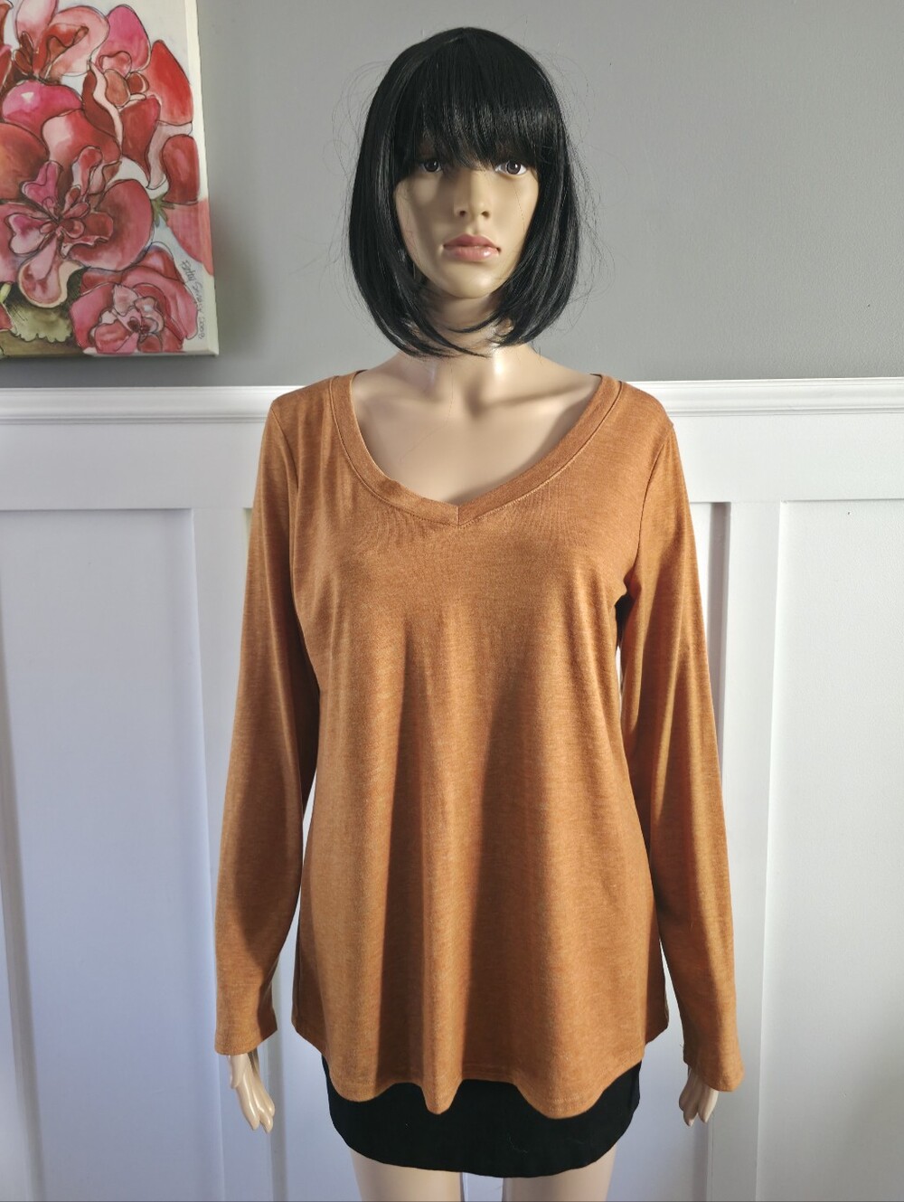 Rust Orange Long Sleeve V-Neck Top - Size M